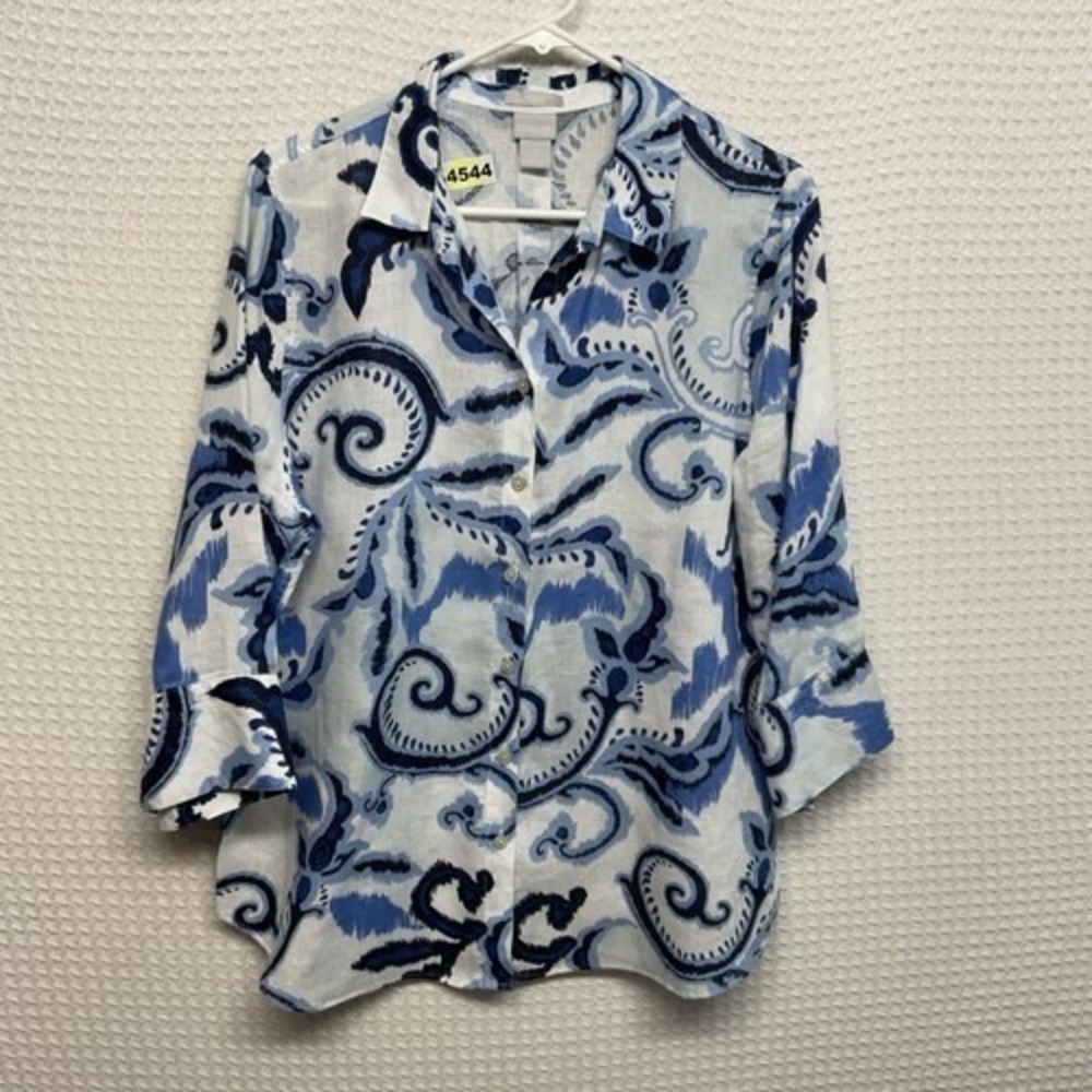 NWOT Chico's No Iron Blue Paisley 3/4 Sleeve Button Up Shirt Women 2/L Thailand